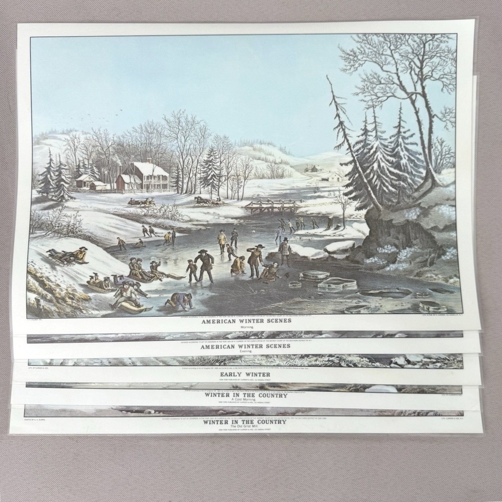 VTG 70s Currier and Ives Placemats (5) American Winter Scenes Plastic Christmas